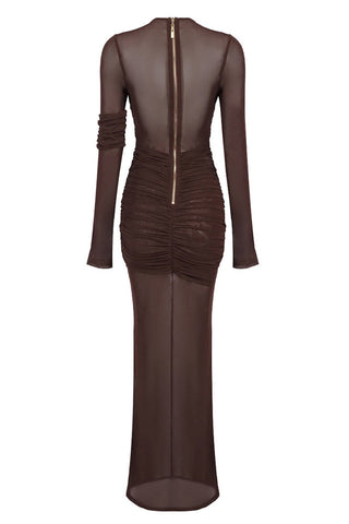 Long Sleeve Draped Mesh Maxi Dress