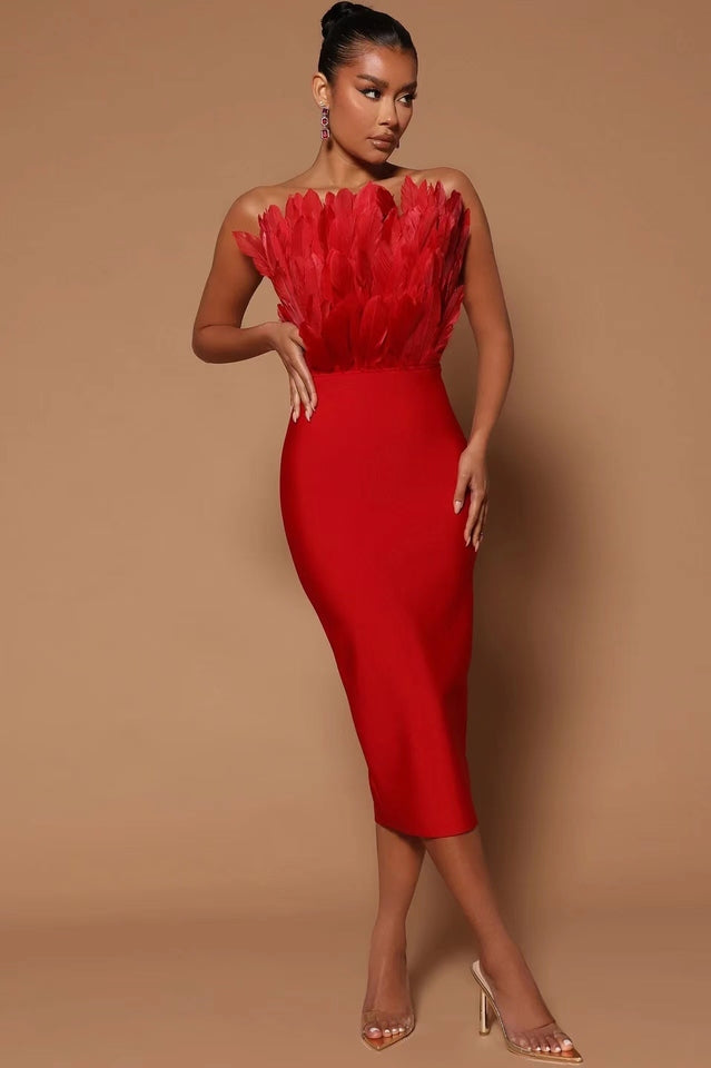 Parry Feather Strapless Midi Bandage Dress
