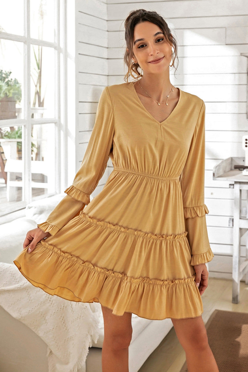 V-neck Solid Color Slim Dress