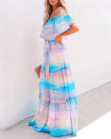 Ombre Sunset Ruffles Maxi Dress