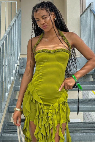 Ruffle Tassel Halter Bustier Mini Dress