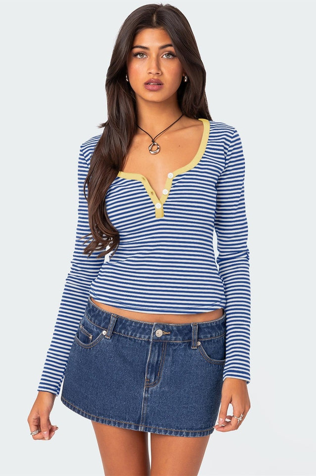 Buttoned Striped Long Sleeve T-Shirt