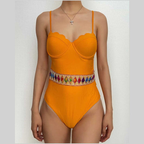 Contrast patchwork backless padded cami one piece swimwear