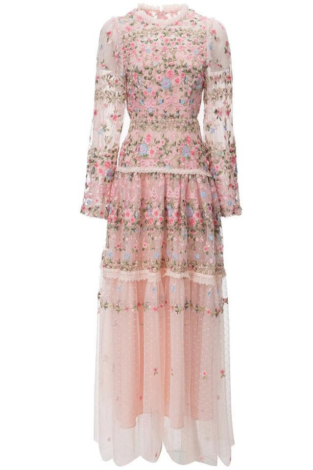 Garden 3/4 Sleeves Embellished Tulle Gown