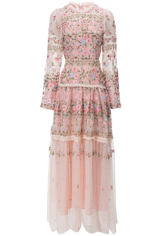 Garden 3/4 Sleeves Embellished Tulle Gown