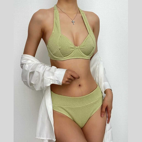 Solid textured halter self tie padded bikini swimwear