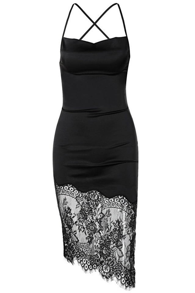 Black Lace Satin Slip Dress
