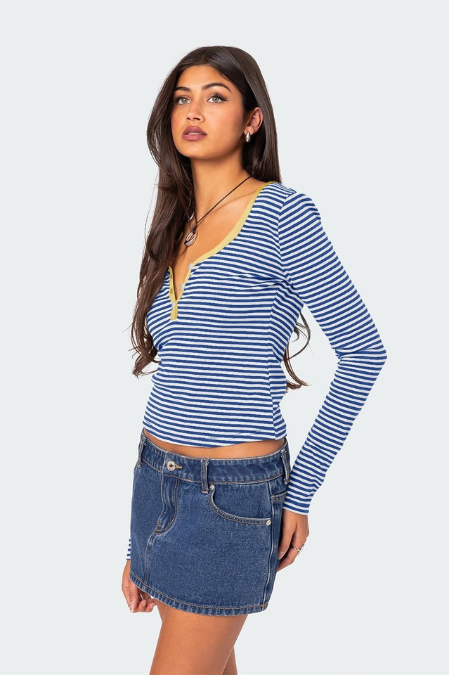 Buttoned Striped Long Sleeve T-Shirt