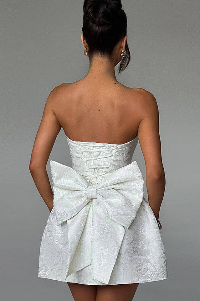 Jacquard Print Tube Back Bow Mini Dress