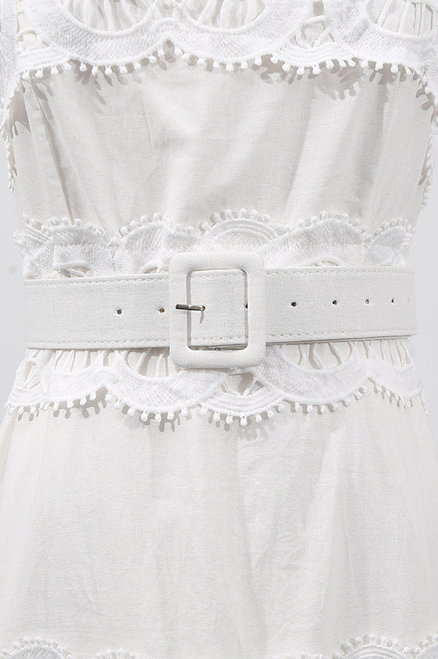 White Linen Lace Insert Midi Dress