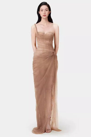 One Shoulder Lace Corset Maxi Dress
