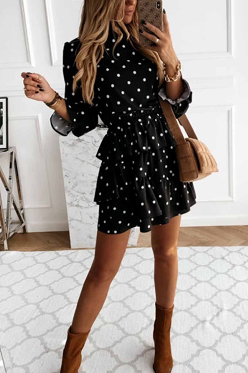 Thin Irregular Lotus Leaf Dot Printing Mini Dress