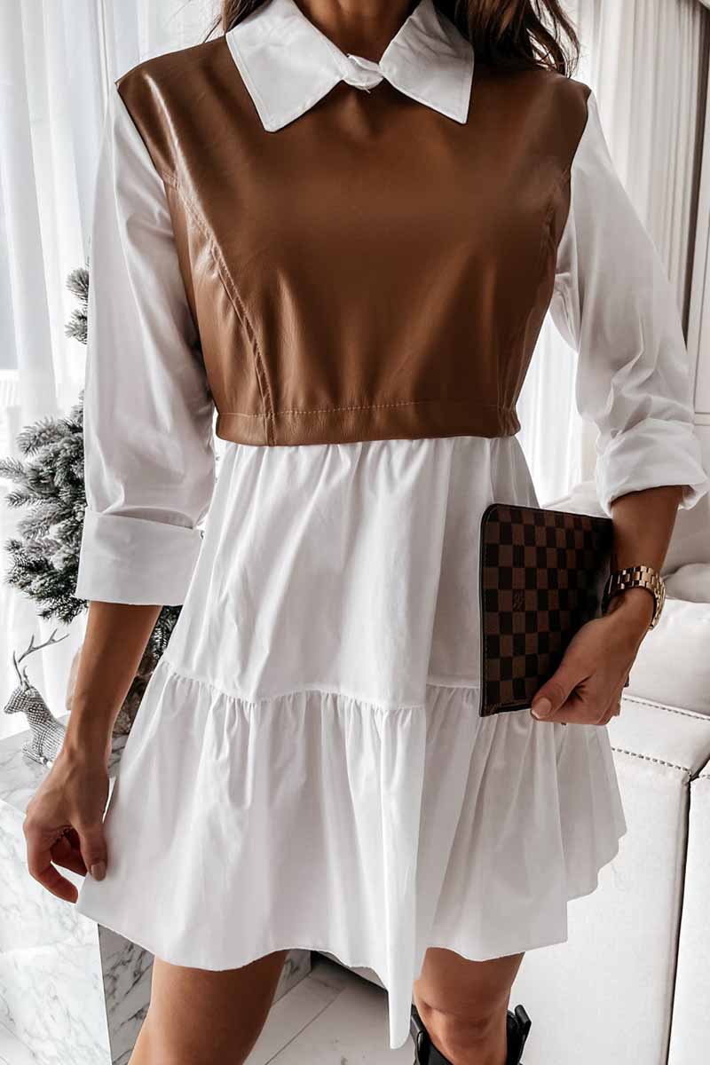 Shirt skirt and leather stitching Mini Dress