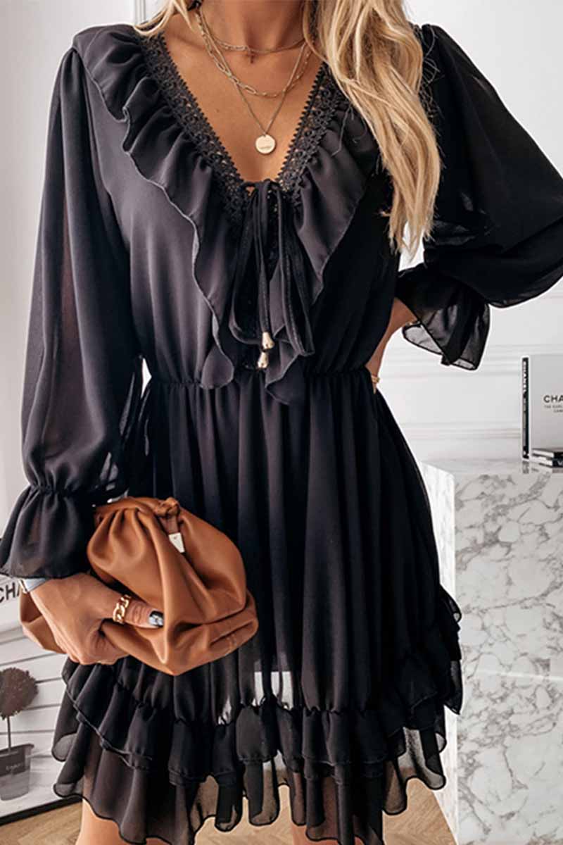 Black Lace Puff Sleeve V-Neck Lace Mini Dress