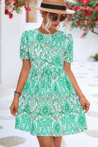 Ruffled Print Round Neck Mini Dress