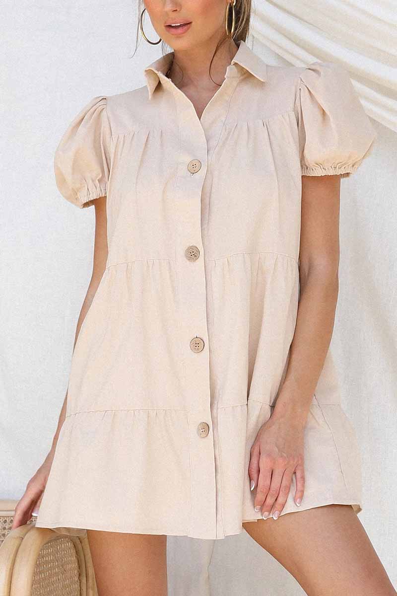 Loose Lantern Sleeve Pleated Single Breasted Mini Dress