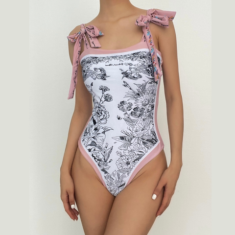 Contrast print self tie 2-way one piece swimwear