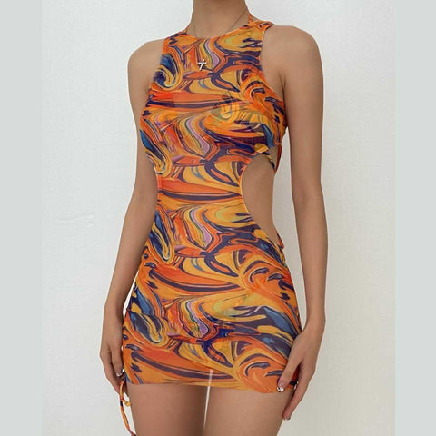 Contrast print mesh hollow out self tie halter 3 piece swimwear