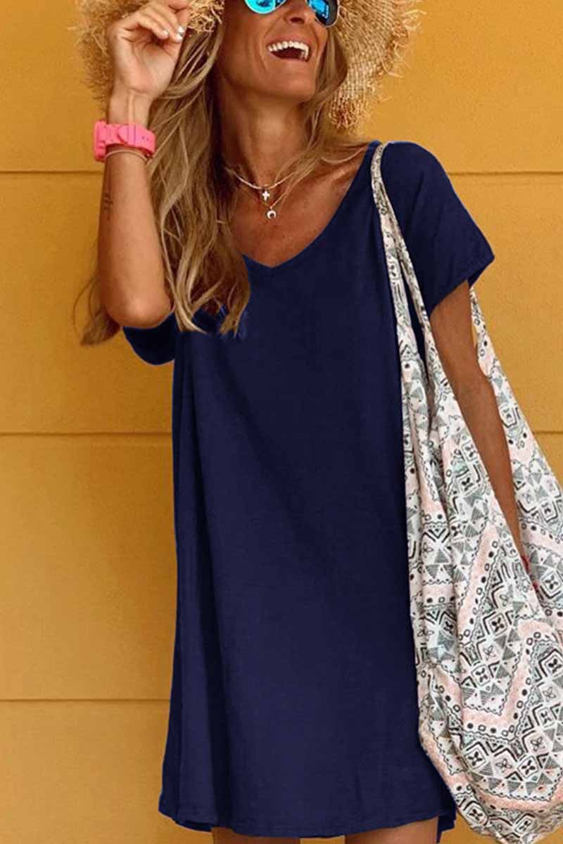 Loose Solid Color Short Sleeve V-Neck Mini Dress