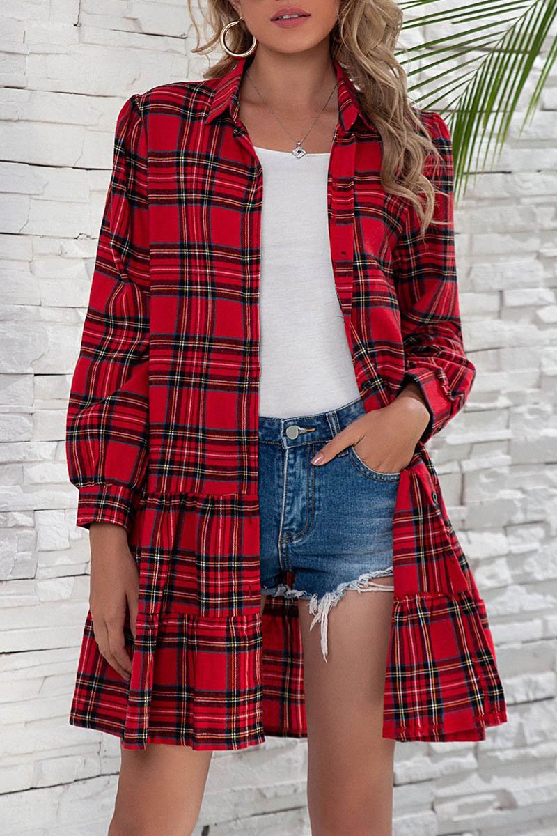 Plaid Shirt Long Sleeve Single Dress