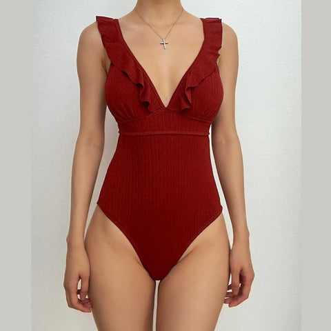 Ruffle solid v neck lace up backless one piece swimwear