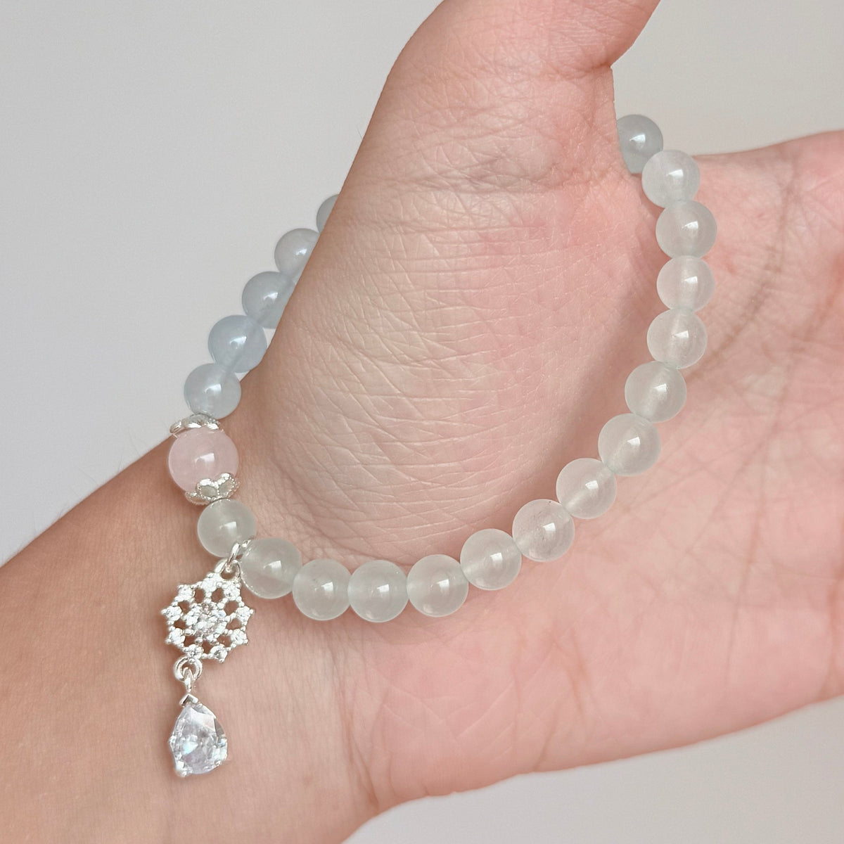 Aquamarine & Rose Quartz Crystal Bracelet with Snowflake Charm