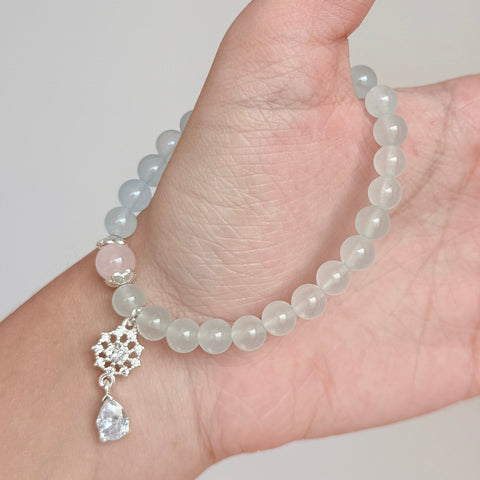 Aquamarine & Rose Quartz Crystal Bracelet with Snowflake Charm