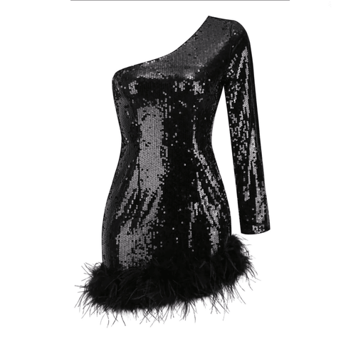 Glitter Whirl One Shoulder Sequin Feather Mini Dress