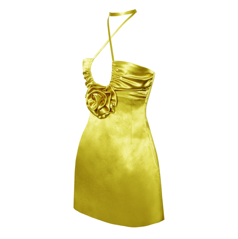 Golden Delight Satin Halter Neck Mini Dress