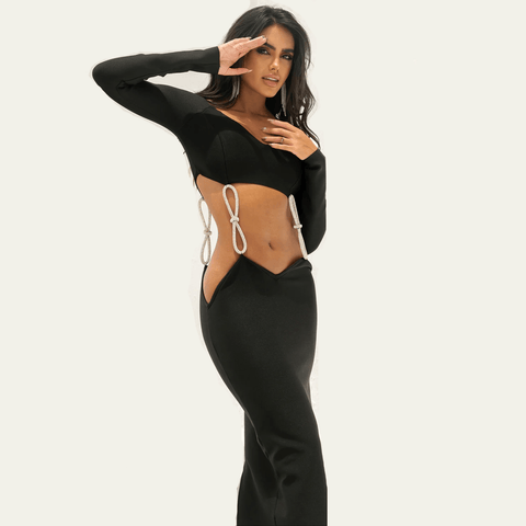 Glitterati Bow Off Shoulder Bandage Midi Dress