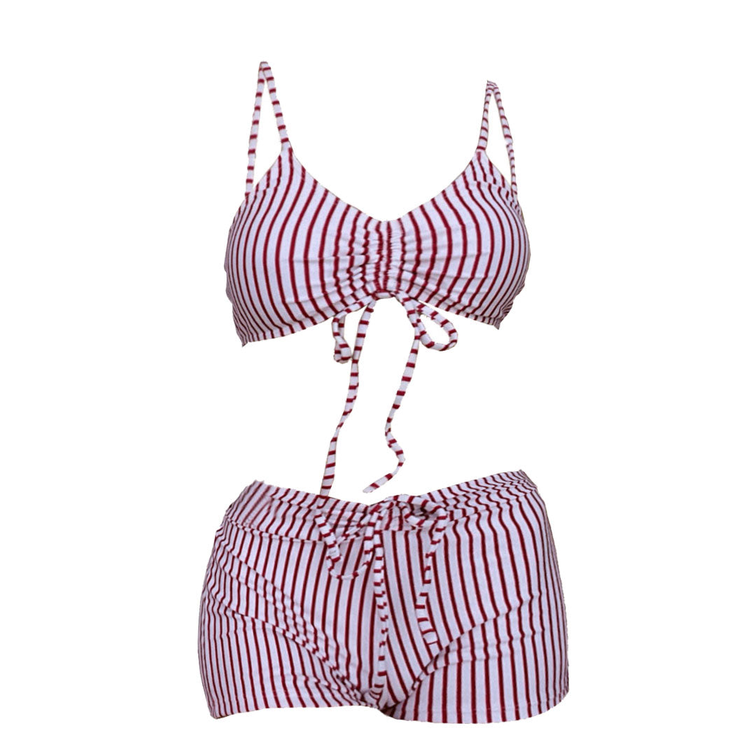 Striped drawstring v neck self tie cami pant bikini swimwear