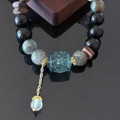 Natural Crystal Bracelet with Carved Blue Pixiu Charm