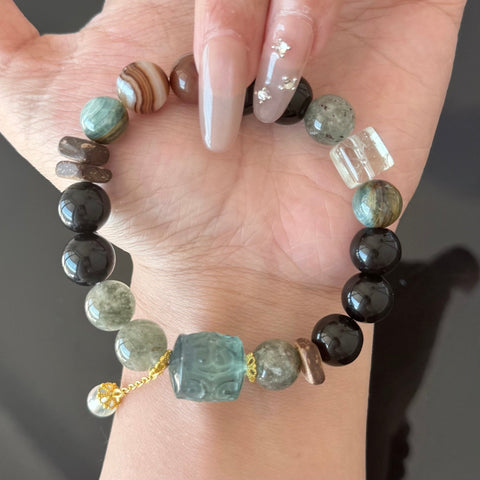 Natural Crystal Bracelet with Carved Blue Pixiu Charm