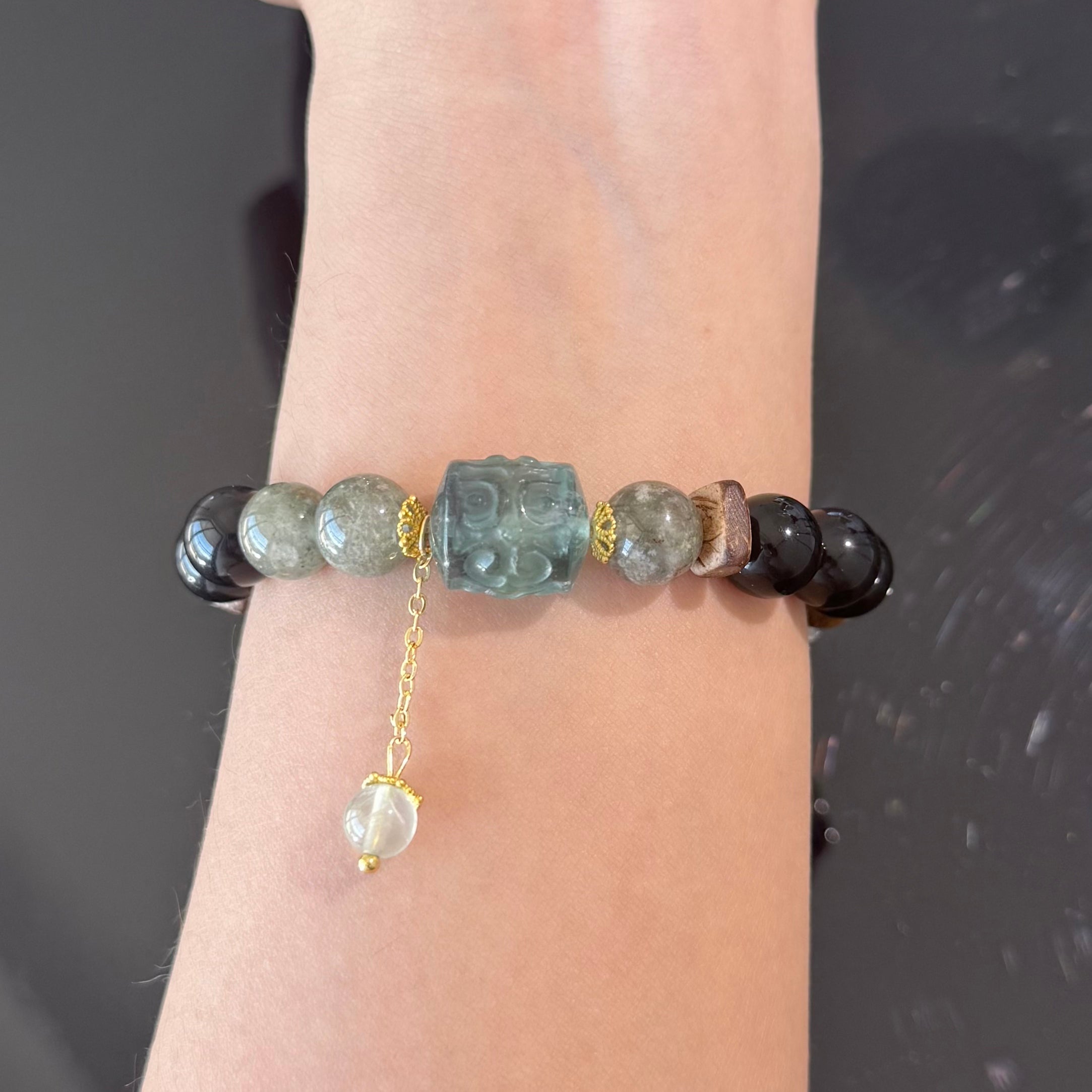 Natural Crystal Bracelet with Carved Blue Pixiu Charm