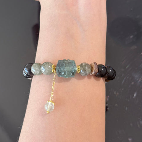 Natural Crystal Bracelet with Carved Blue Pixiu Charm