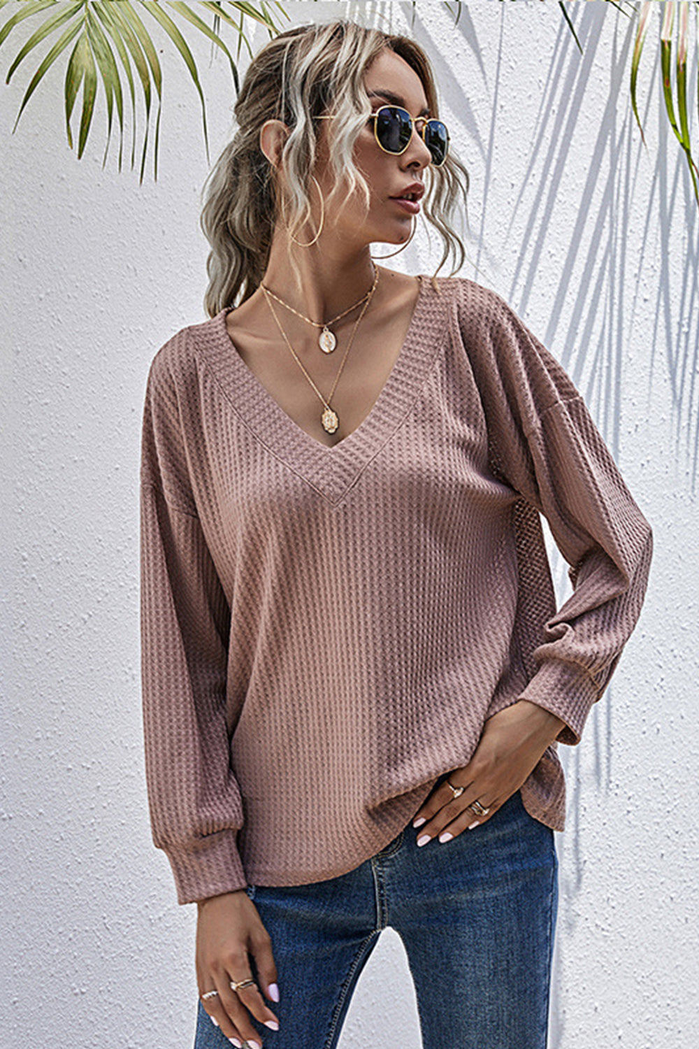 V-neck Loose Long-sleeved Knitted Top