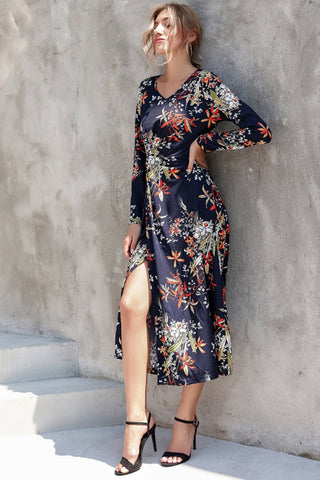 V-neck Printed Waist Slit Long Sleeve Dress