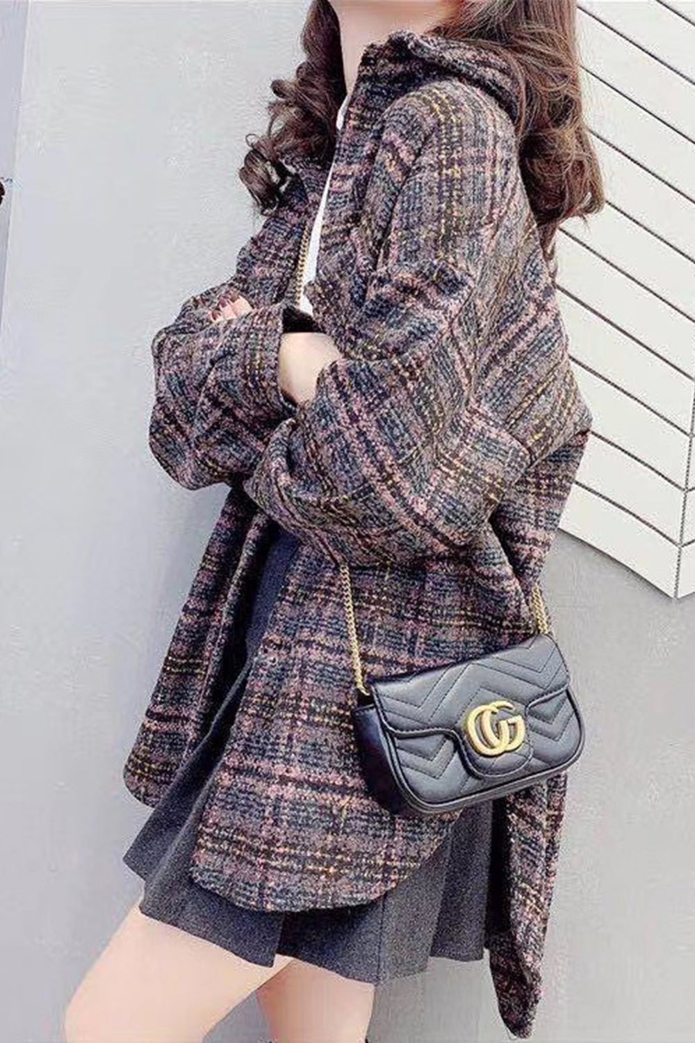 Vintage Hong Kong Style Plaid Fleece Coat