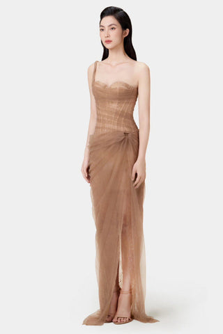 One Shoulder Lace Corset Maxi Dress