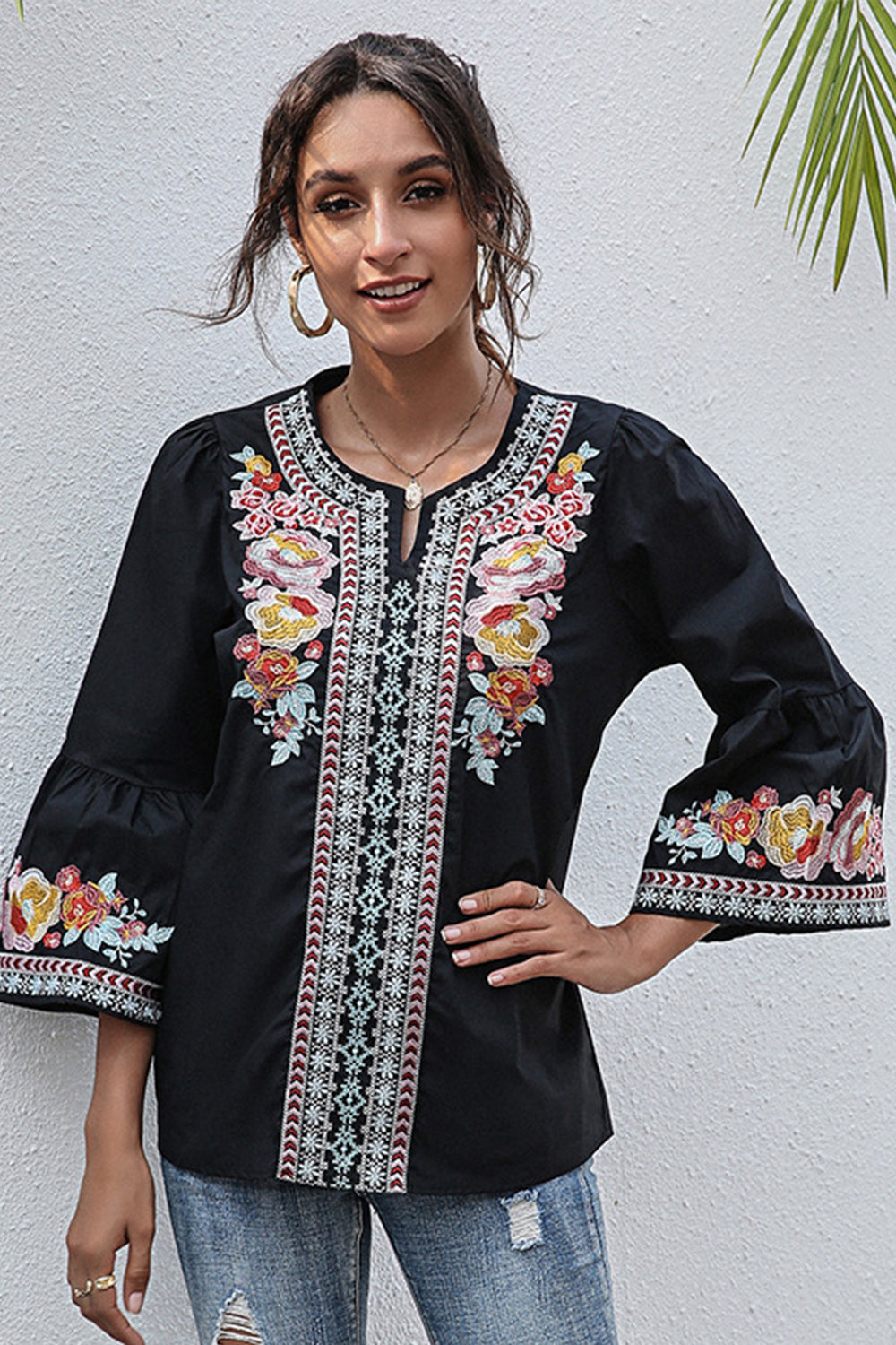 V-Neck Floral Embroidery Ruffled Three-Quarter Sleeve T-Shirt