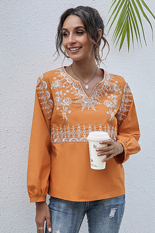 V-neck Printed Embroidery Long-sleeved T-shirt