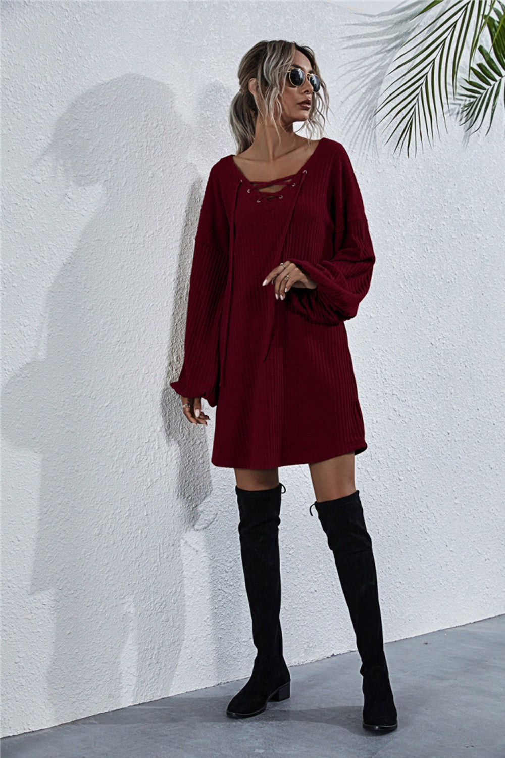 V-neck Lace Up Knit Dress