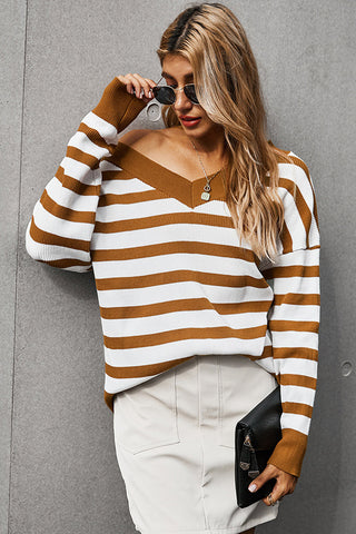 V-neck Off Shoulder Stripe T-shirt