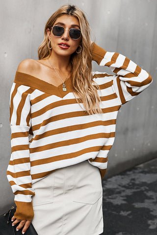 V-neck Off Shoulder Stripe T-shirt