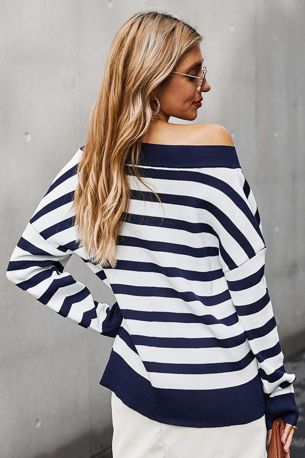 V-neck Off Shoulder Stripe T-shirt