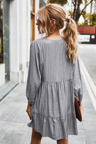 V-neck Striped Drawstring Long Sleeve Dress