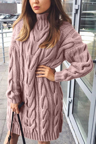 Turtleneck twist knit mid-length sweater dress