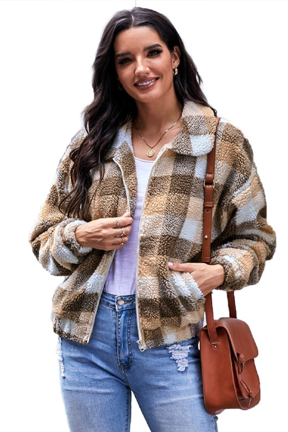 Zipped Pocket Lapel Plaid Plush Coat