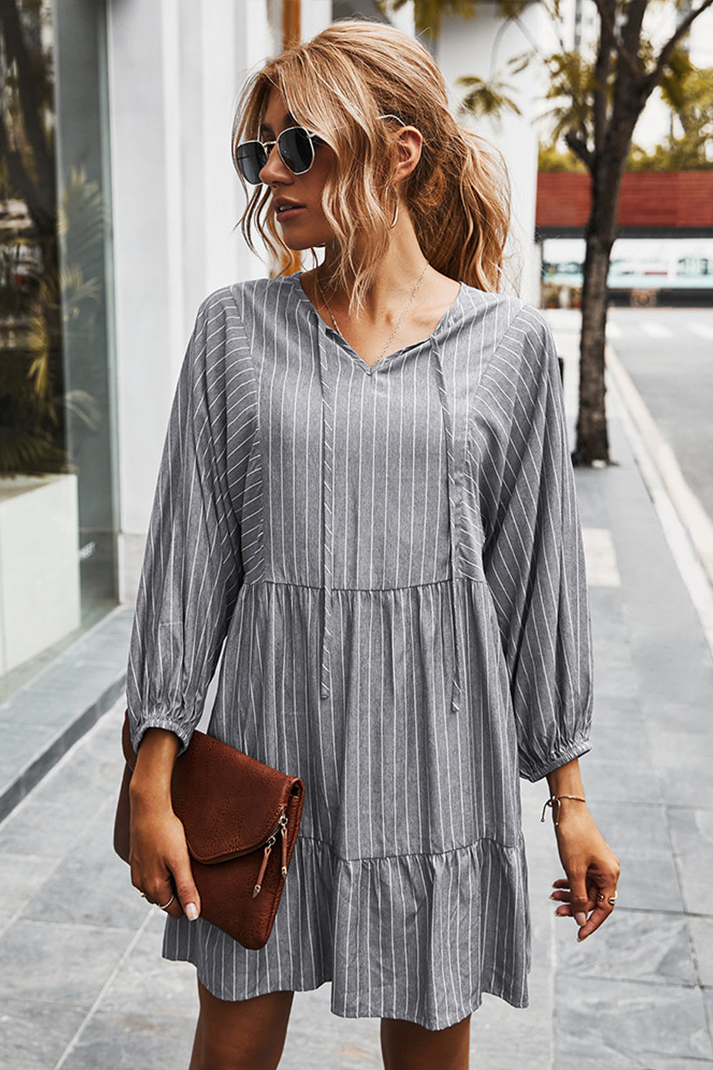 V-neck Striped Drawstring Long Sleeve Dress