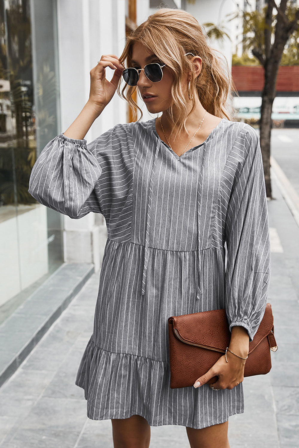 V-neck Striped Drawstring Long Sleeve Dress